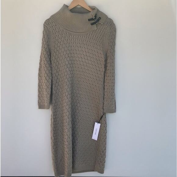 NEW Calvin Klein Tan Cream Leather Buckle Cowl Neck Bodycon Sweater Mini Dress M - Picture 10 of 10